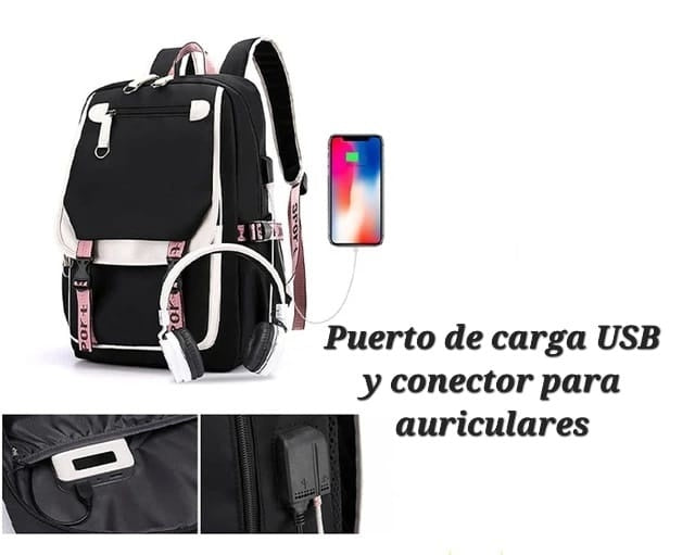 MOCHILA POMPOM CON PUERTO USB Y AUDIO